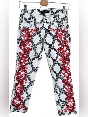 Isabel Marant White Denim Jeans with Red Floral & Black Lattice Print and Studs